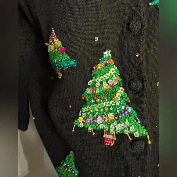 Vintage Michael Simon Cardigan Christmas Trees Embellished sweater Size Medium - Picture 6 of 12